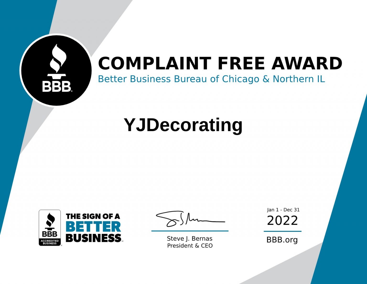 ComplaintFreeCertificate2022BBBpdf YJ Decorating